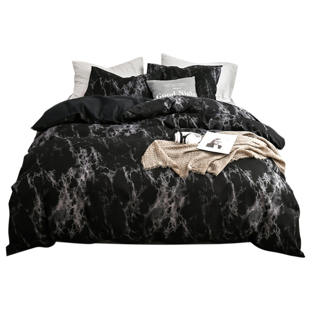 3Pcs Set Polyester Marbled Quilt Cover Pillowcase Bedding Set EU Double Size (Black)