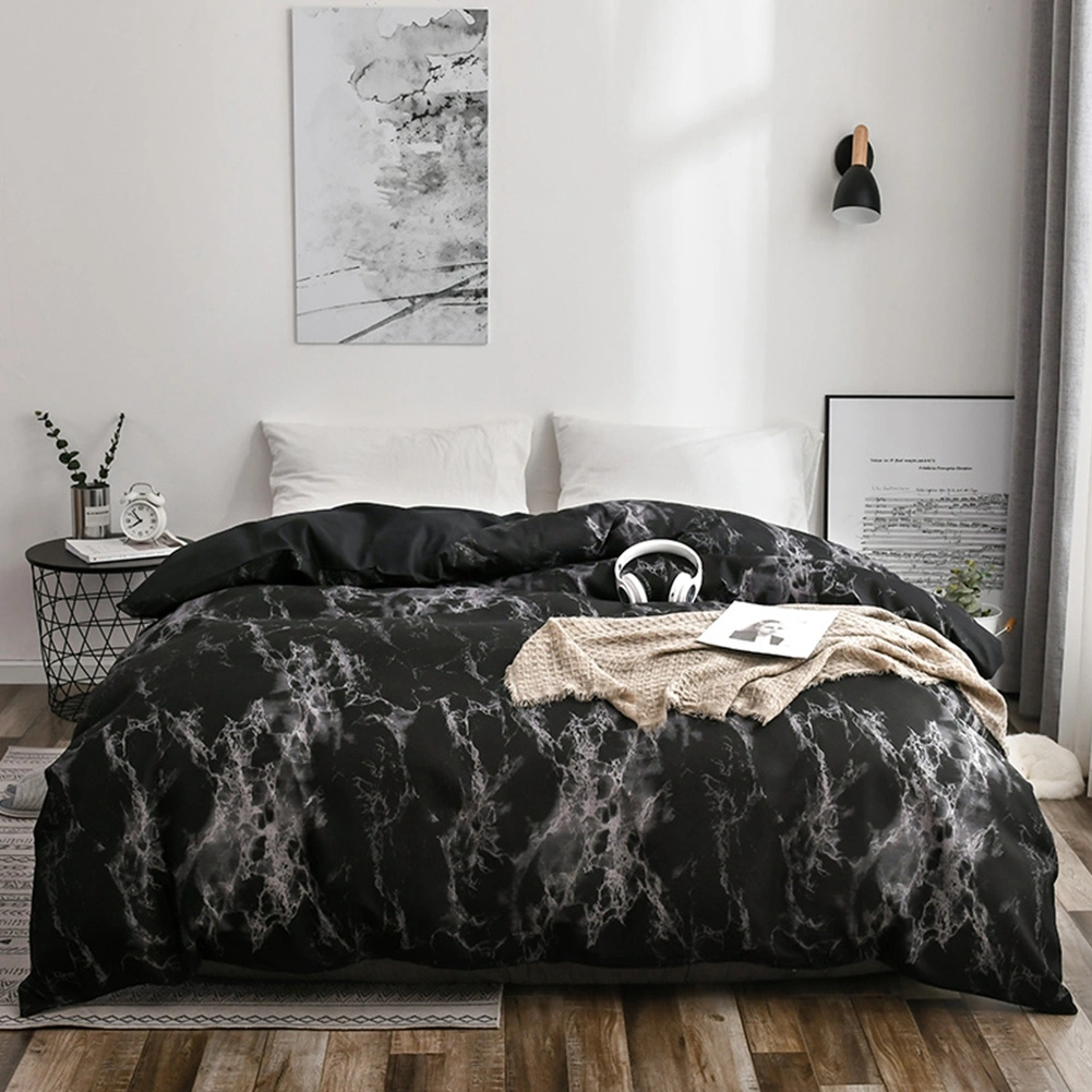 3Pcs Set Polyester Marbled Quilt Cover Pillowcase Bedding Set EU Double Size (Black)