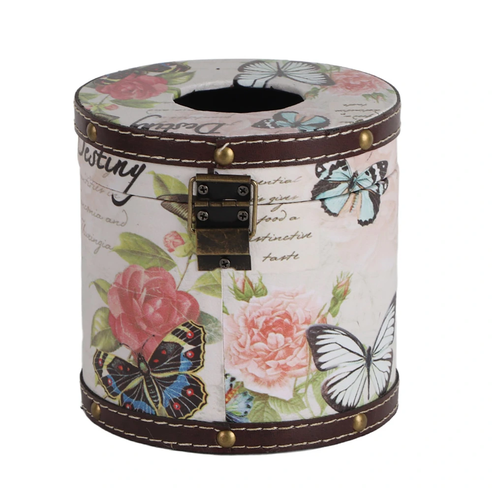 Household Office Retro Vintage Printed Wooden PU Tissue Box Storage HolderButterfly and Rose