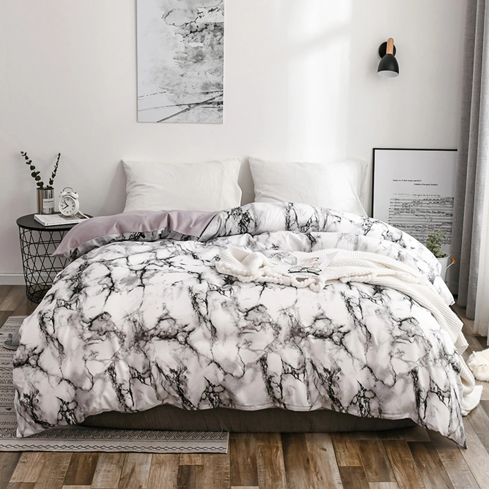3Pcs Set Comfortable Quilt Cover Pillowcase Marbled Bedding Set AU Queen Size (White)