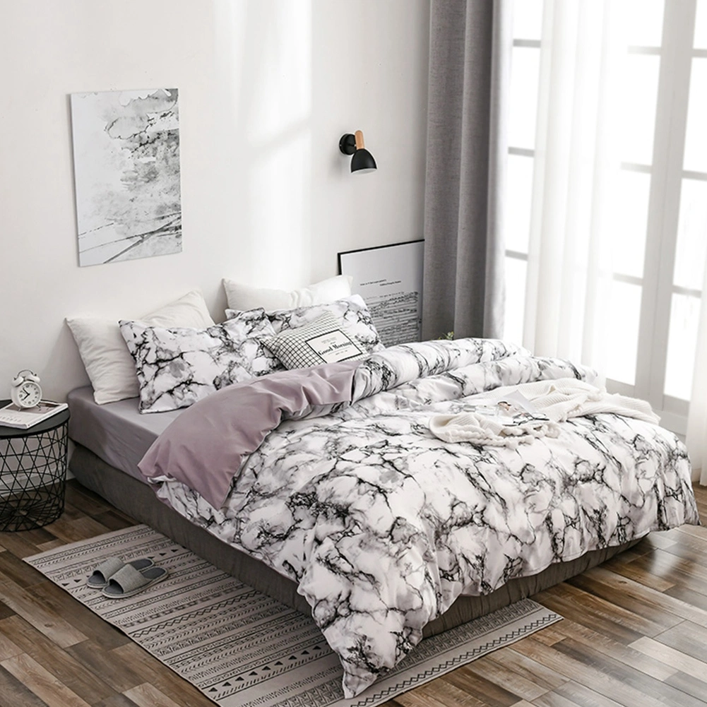 3Pcs Set Comfortable Quilt Cover Pillowcase Marbled Bedding Set AU Queen Size (White)