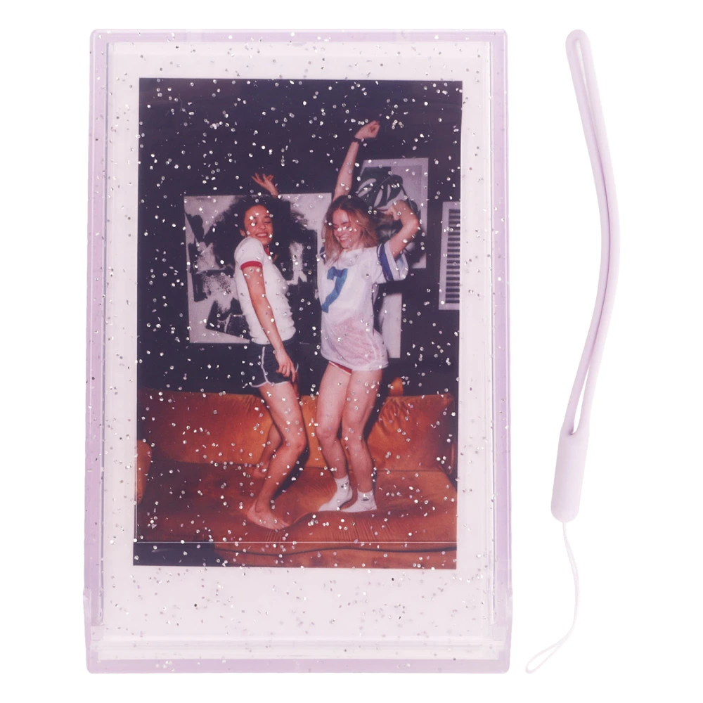 Photo Storage Box for 3 Inch Instant Camera Photo PC Mini Photo Holder Case with Hand Rope for Pictures Cards Purple Transparent Glitter