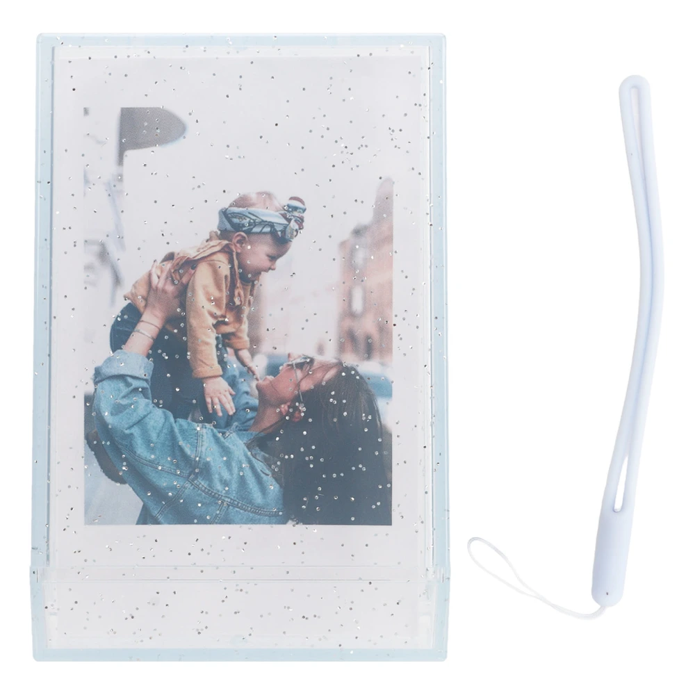 Photo Storage Box for 3 Inch Instant Camera Photo PC Mini Photo Holder Case with Hand Rope for Pictures Cards Blue Transparent Glitter