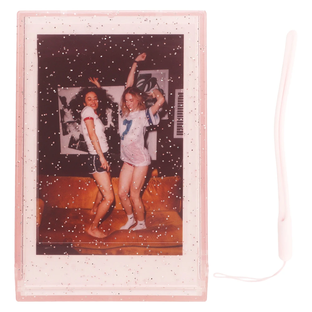 Photo Storage Box for 3 Inch Instant Camera Photo PC Mini Photo Holder Case with Hand Rope for Pictures Cards Pink Transparent Glitter