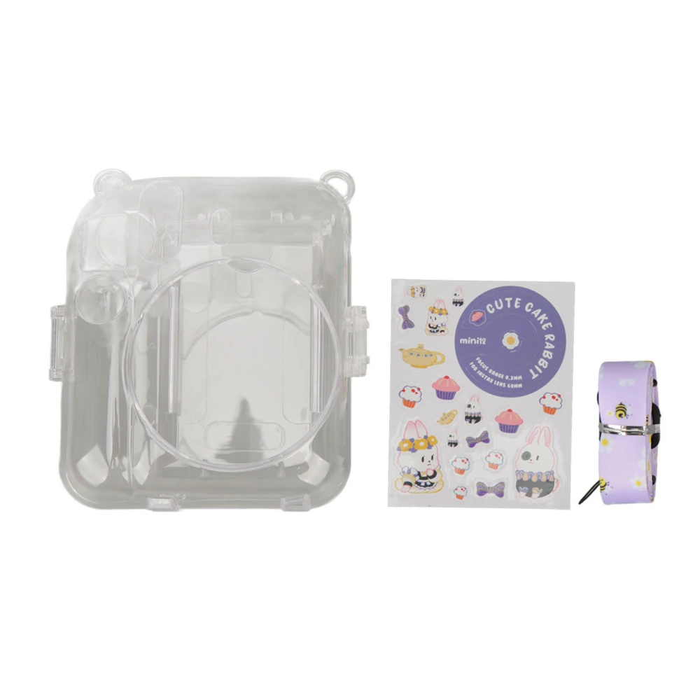 Instant Camera Case Kit Shoulder Strap Sticker Camera Case Durable Camera Protective Clear Case for Instax Mini 12 Purple