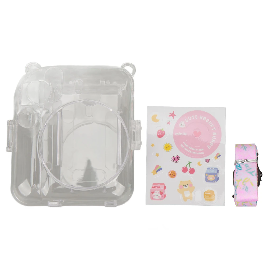 Instant Camera Case Kit Shoulder Strap Sticker Camera Case Durable Camera Protective Clear Case for Instax Mini 12 Pink