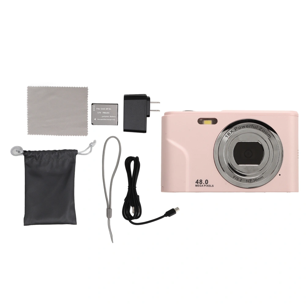 Digital Camera 48MP 16X Zoom 1080P HD 2.4 Inch IPS Display Mini Compact Pocket Camera US Plug 100‑240V Fairy Pink