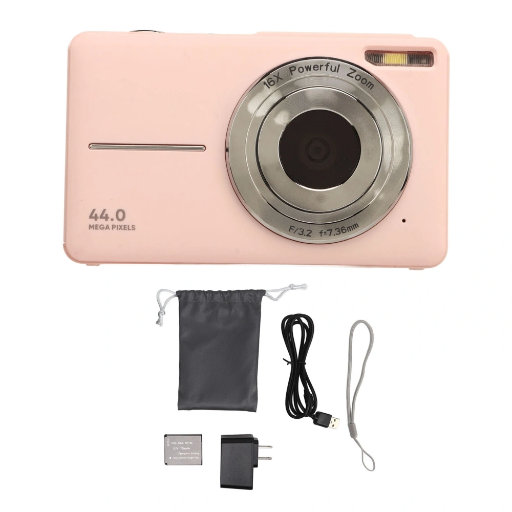 Digital Camera HD 1080P 44M 16X Zoom Autofocus 2.4 Inch IPS Screen Portable Pocket Digital Camera US Plug 100‑240V Pink