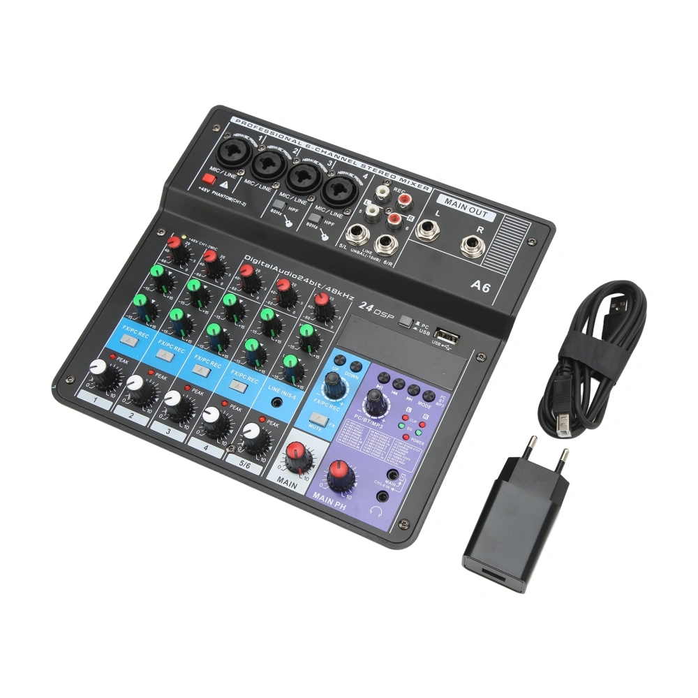 Sound Console USB Mini Mixing Desk Voice Recording BT Sound Card 6 Channel Mixer for Home Music Production Live Broadcast Singing 100‑240V EU Plug