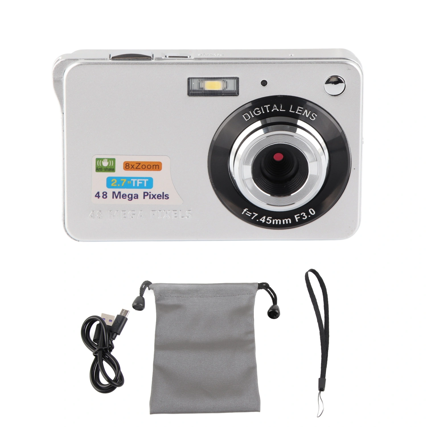 4K Digital Camera 48MP 2.7in LCD Display 8x Zoom Anti Shake Vlogging Camera for Photography Continuous Shooting Silver