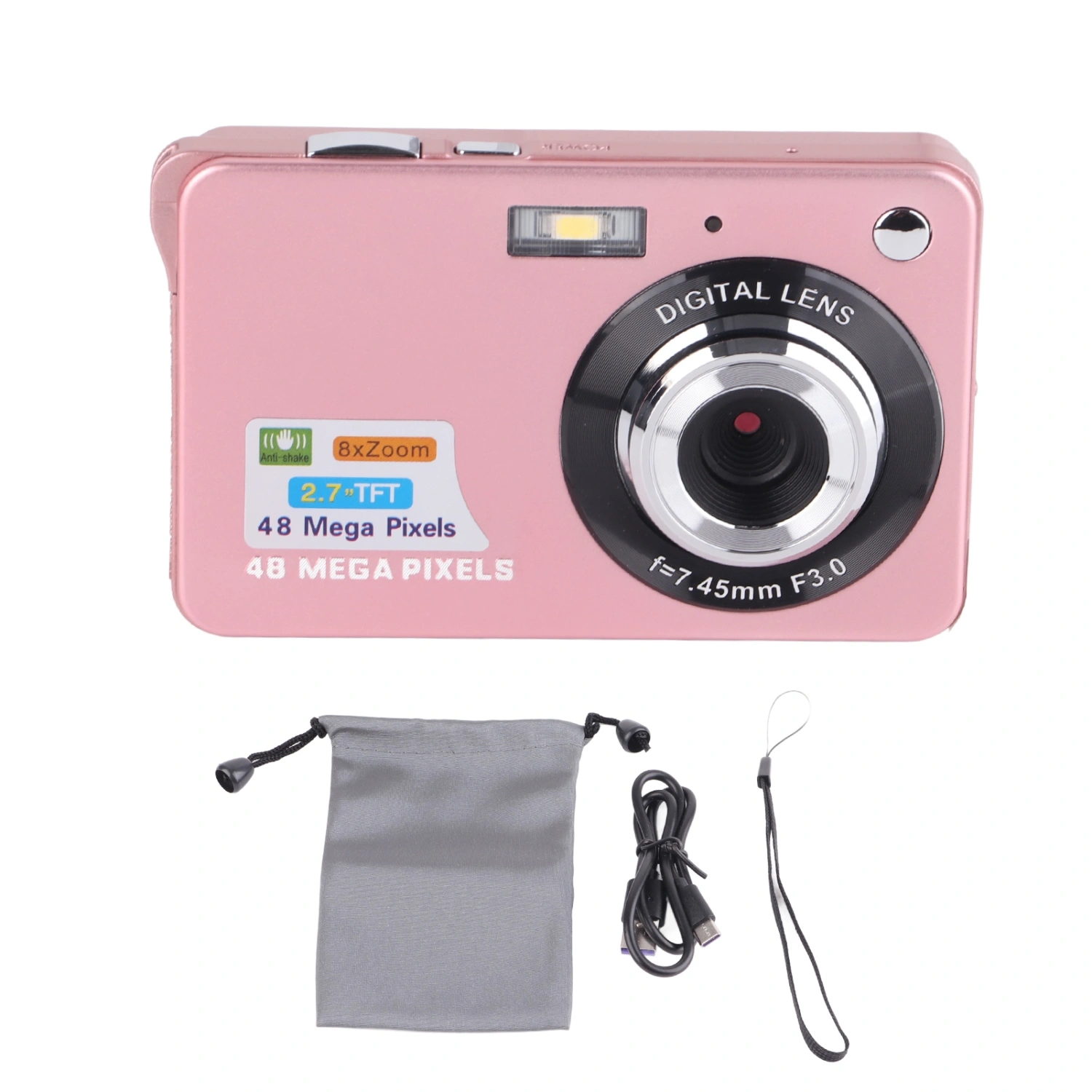 4K Digital Camera 48MP 2.7in LCD Display 8x Zoom Anti Shake Vlogging Camera for Photography Continuous Shooting Pink