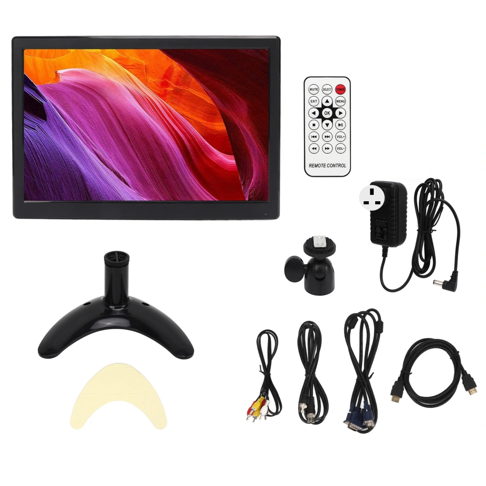 12 Inch TFT LCD Monitor with VGA HD Multimedia AV BNC USB DC Input Portable HD Color Display with Speaker Remote Control 100‑240V UK Plug