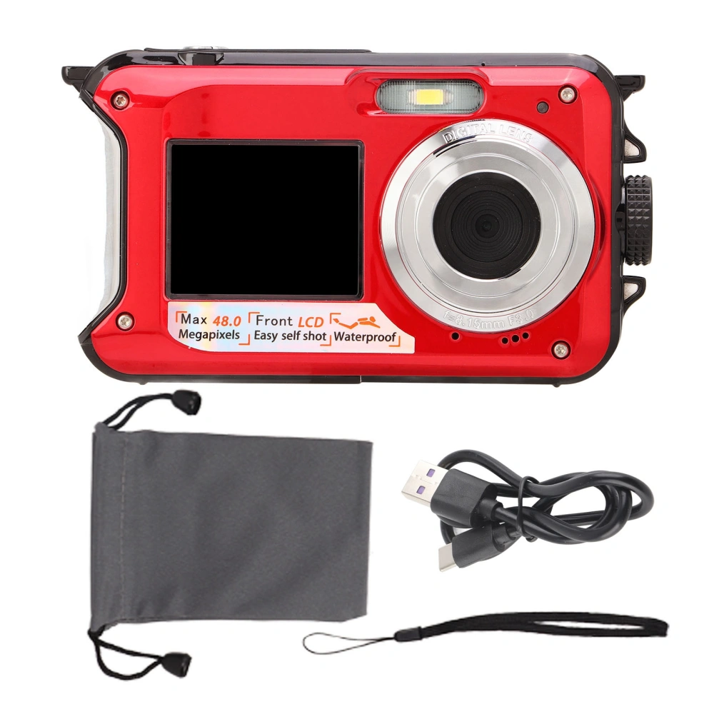 Full HD 2.7K 48MP 10ft Waterproof Underwater Digital Camera 16X Digital Zoom Front Rear Double Screens Waterproof Digital Camera Red