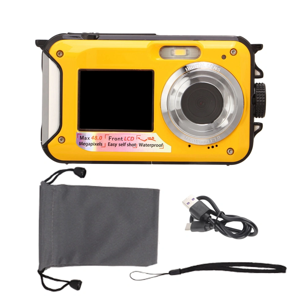 Full HD 2.7K 48MP 10ft Waterproof Underwater Digital Camera 16X Digital Zoom Front Rear Double Screens Waterproof Digital Camera Yellow