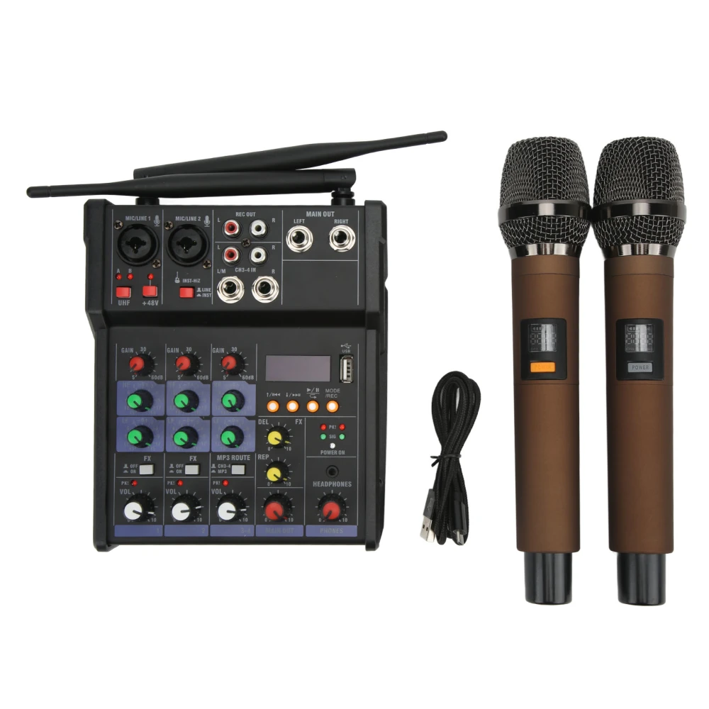 4 Channel Small Bluetooth Stereo Mixer with 2 Wireless Microphones Family Stereo Processor for Live Streaming