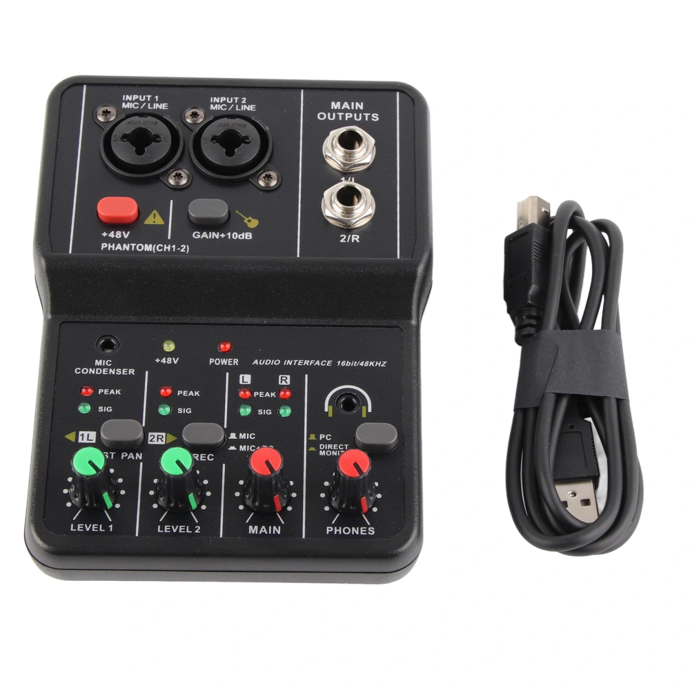 2 Channels Audio Mixer USB 48V Phantom Power Compact Sound Mixing Console for Music Recording Home Karaoke Internet Karaoke