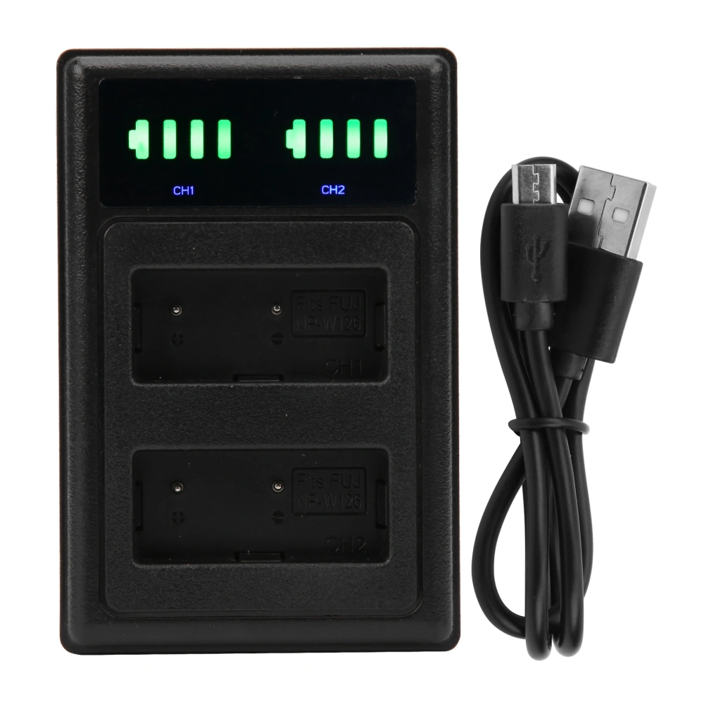 Micro/Type‑C Dual Port Camera Double Display Dual Dock Charger for NP‑W126 Battery Black