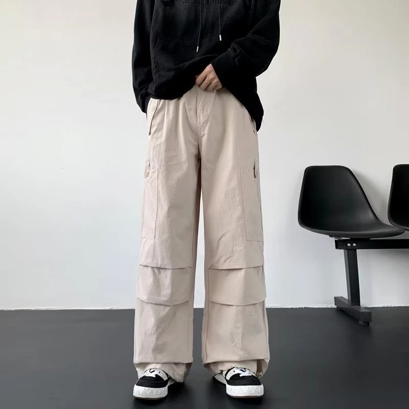 Men's Autumn Fashion Brand Design Pleated Large Pocket Wide Leg Casual Trousers