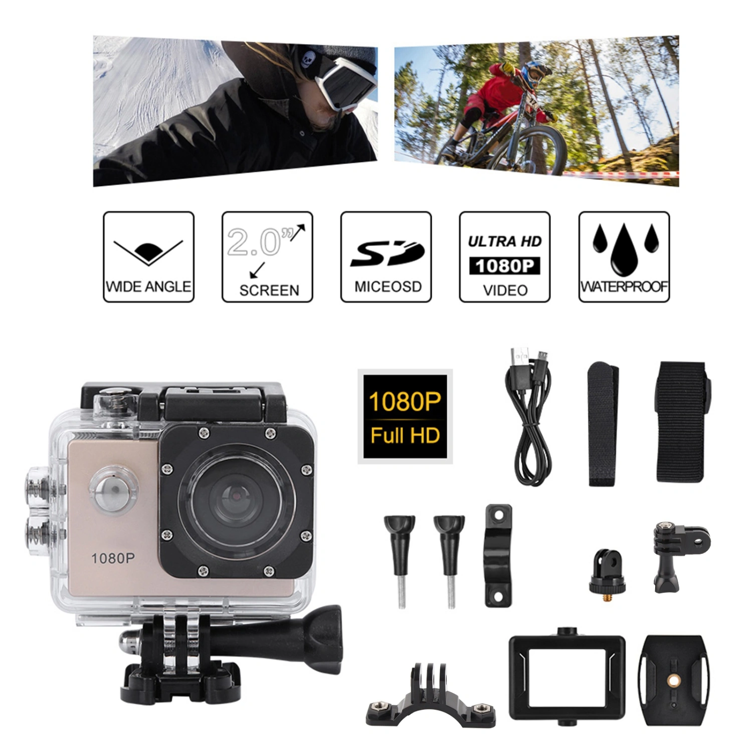 1080P HD 2inch LCD Screen Sports 30m Waterproof Action Camera Set with Battery