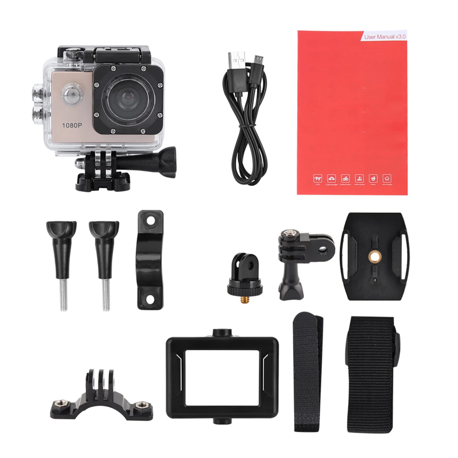 1080P HD 2inch LCD Screen Sports 30m Waterproof Action Camera Set with Battery