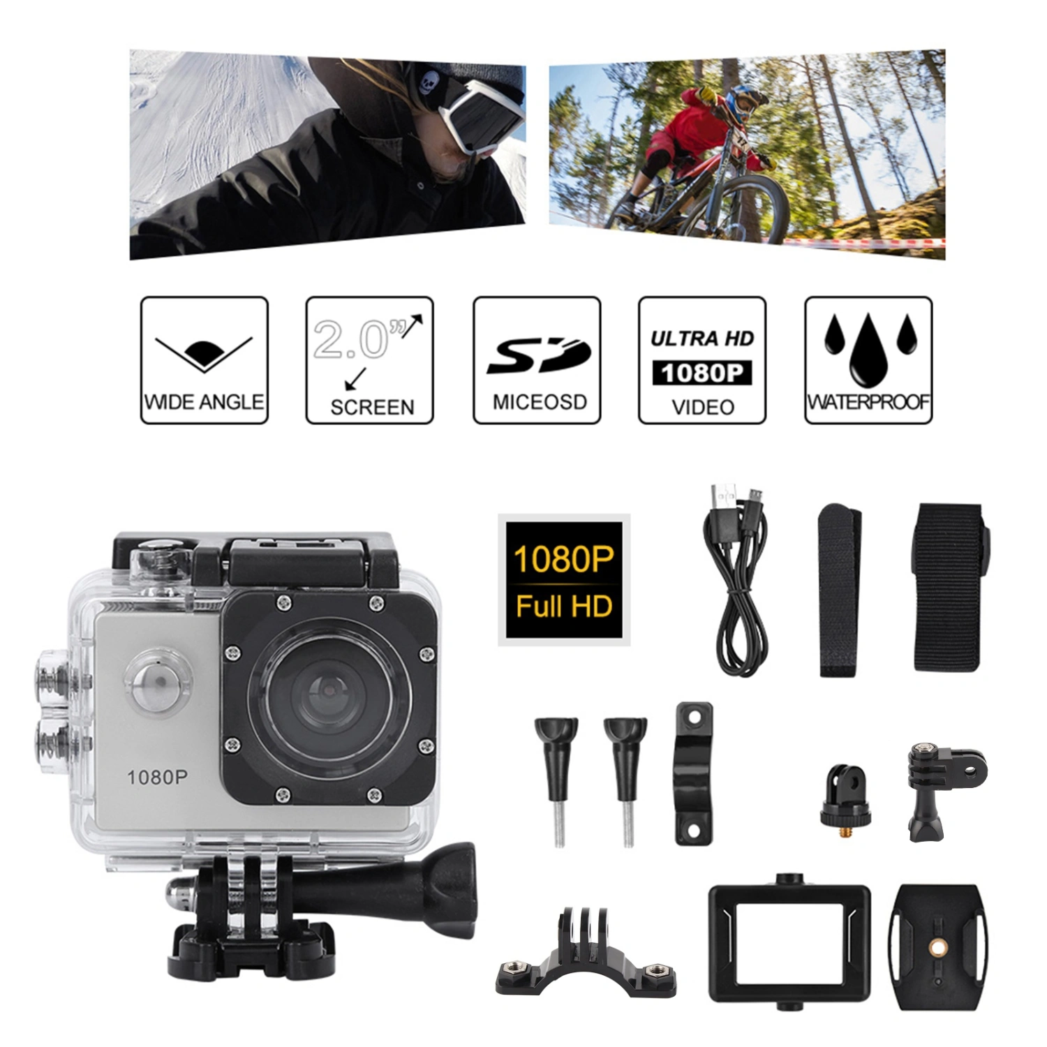 1080P HD 2inch LCD Screen Sports 30m Waterproof Action Camera Set with Battery