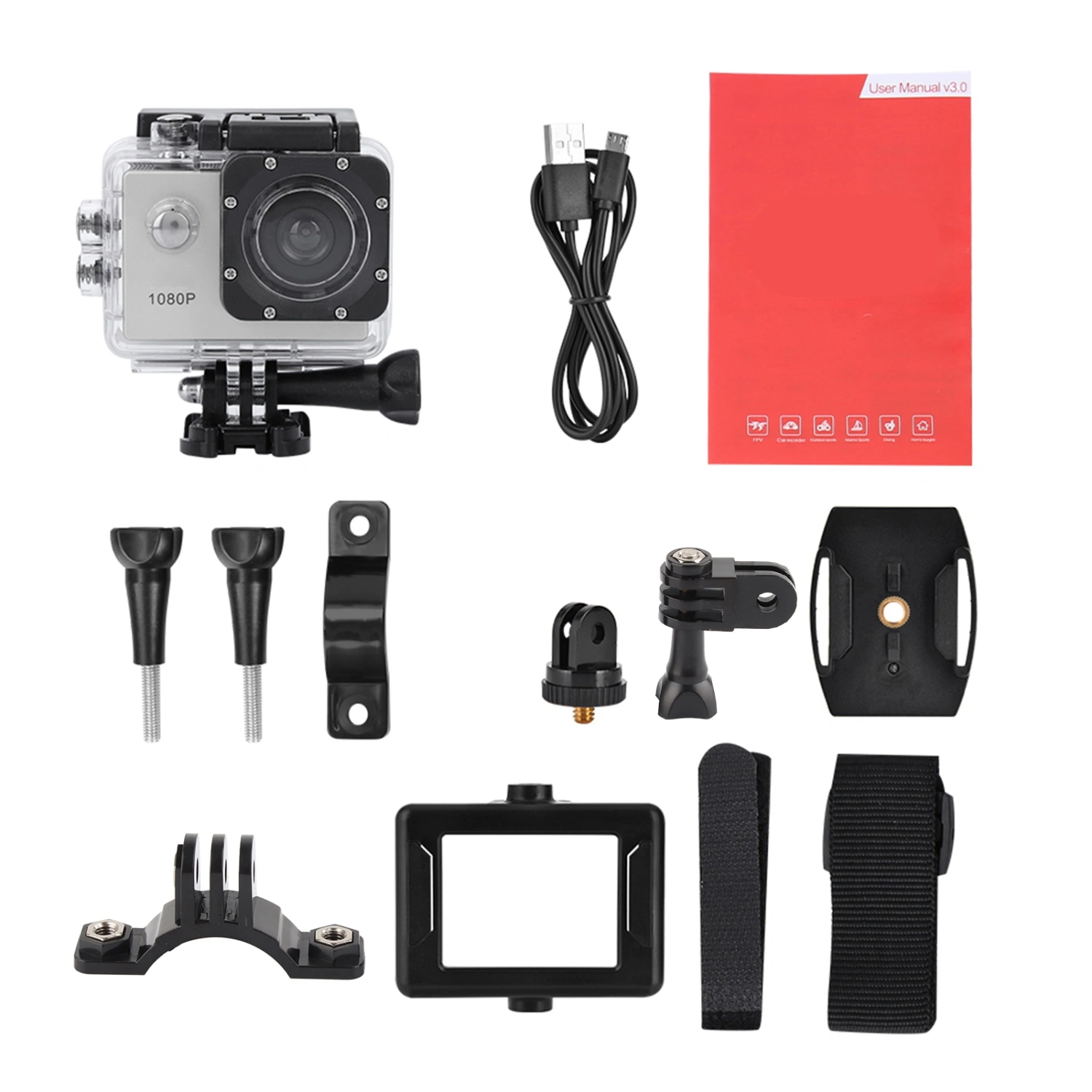 1080P HD 2inch LCD Screen Sports 30m Waterproof Action Camera Set with Battery