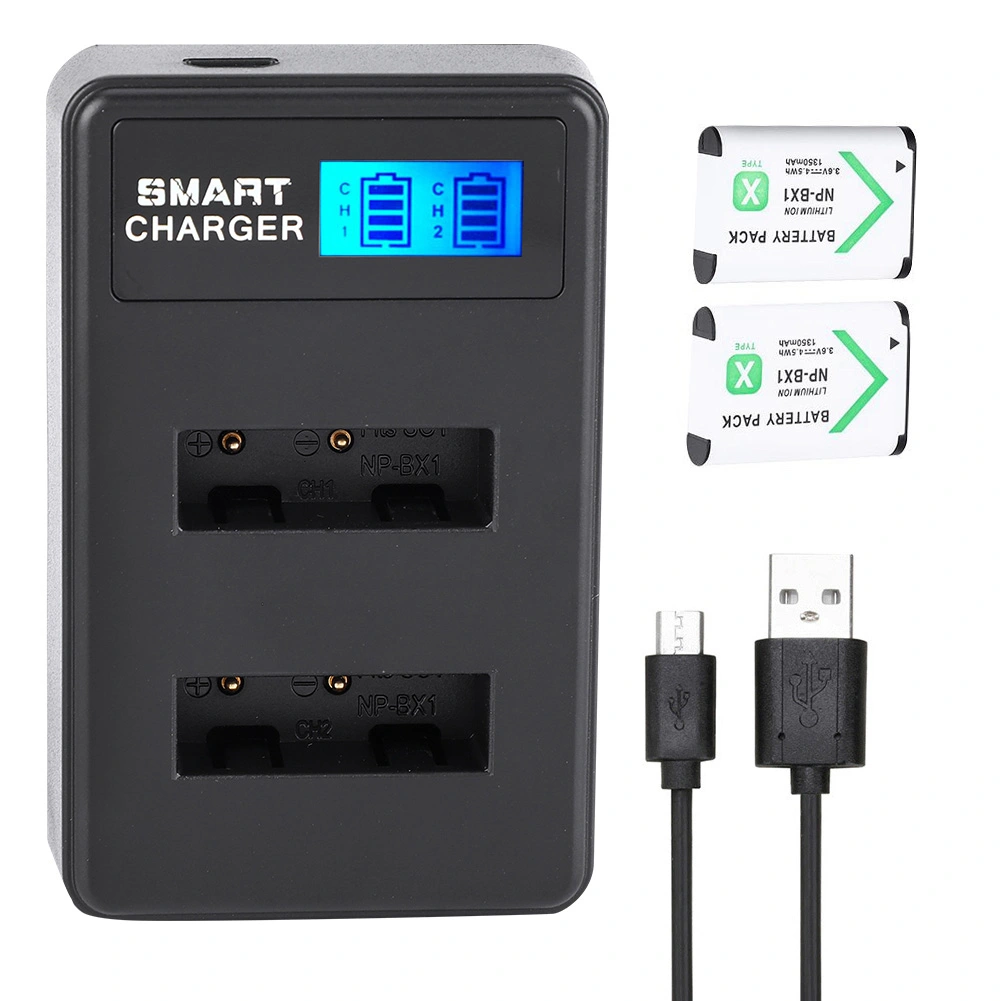 Portable Travel Outdoor USB Charging LCD Dual Slots Charger for NP-BX1 Battery Black