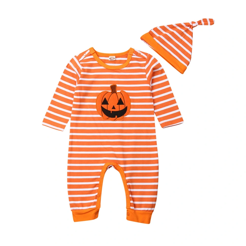 Baby Boy Halloween Clothes Pumpkin Striped Print Romper and Beanie