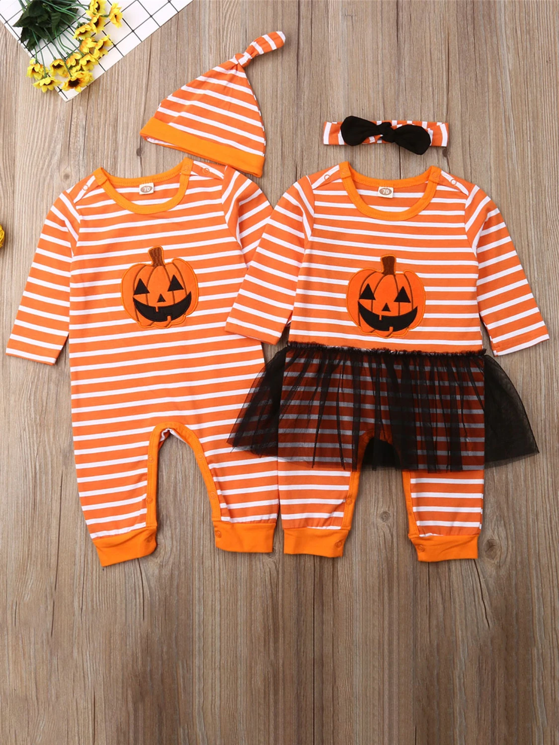 Baby Boy Halloween Clothes Pumpkin Striped Print Romper and Beanie