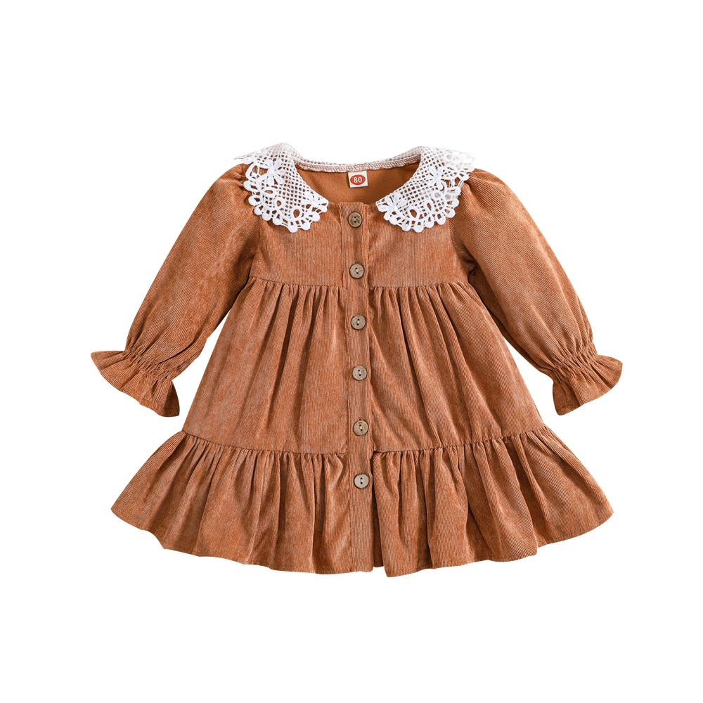 Girls Corduroy Dress, Long Sleeve Lace Patchwork Pleated A-line Dress