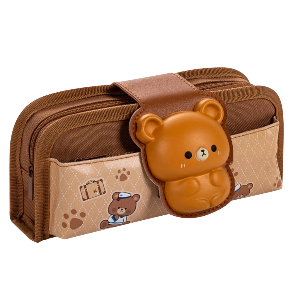 Canvas Pencil Case Cute Duck Pattern Hook and Loop Fasteners Large Capacity Zipper Multiple Internal Compartments for Student Bear