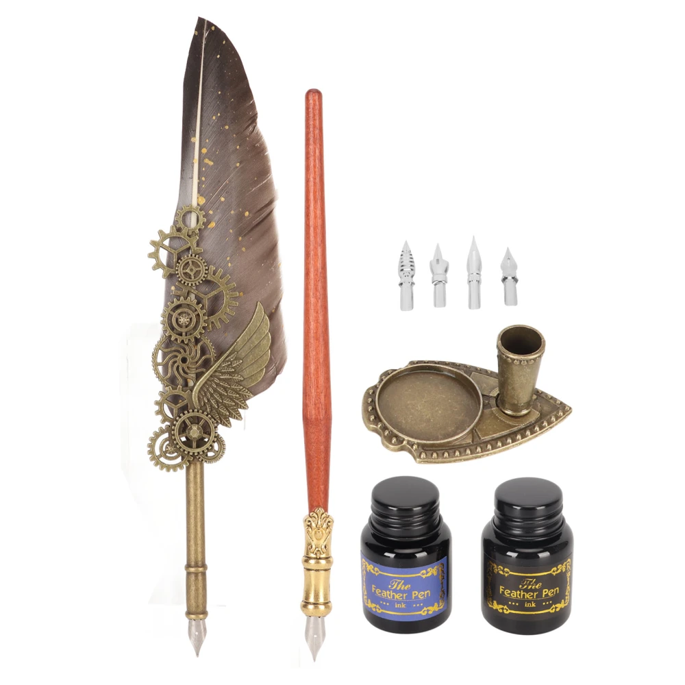 Quill Pen and Ink Set Retro Punk Gear Style Smoothly Writing Exquisite Feather Pen and Ink Set for Home School Office Gray