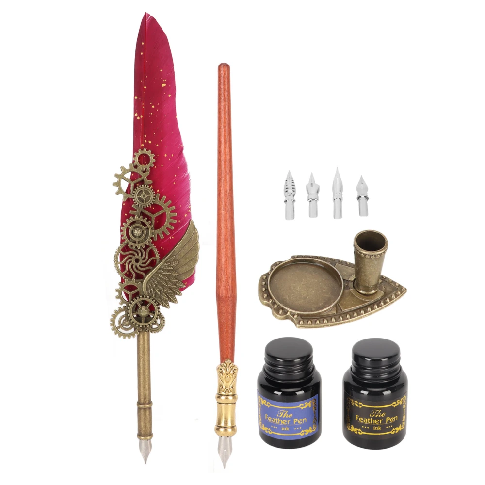 Quill Pen and Ink Set Retro Punk Gear Style Smoothly Writing Exquisite Feather Pen and Ink Set for Home School Office Red