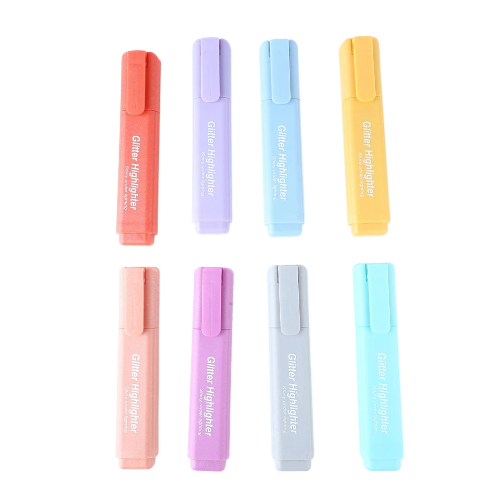 8Pcs Glitter Highlighter Assorted Colors Fiber Nib Quick Drying Smoothing Note Taking Pen for School Office Art DIY