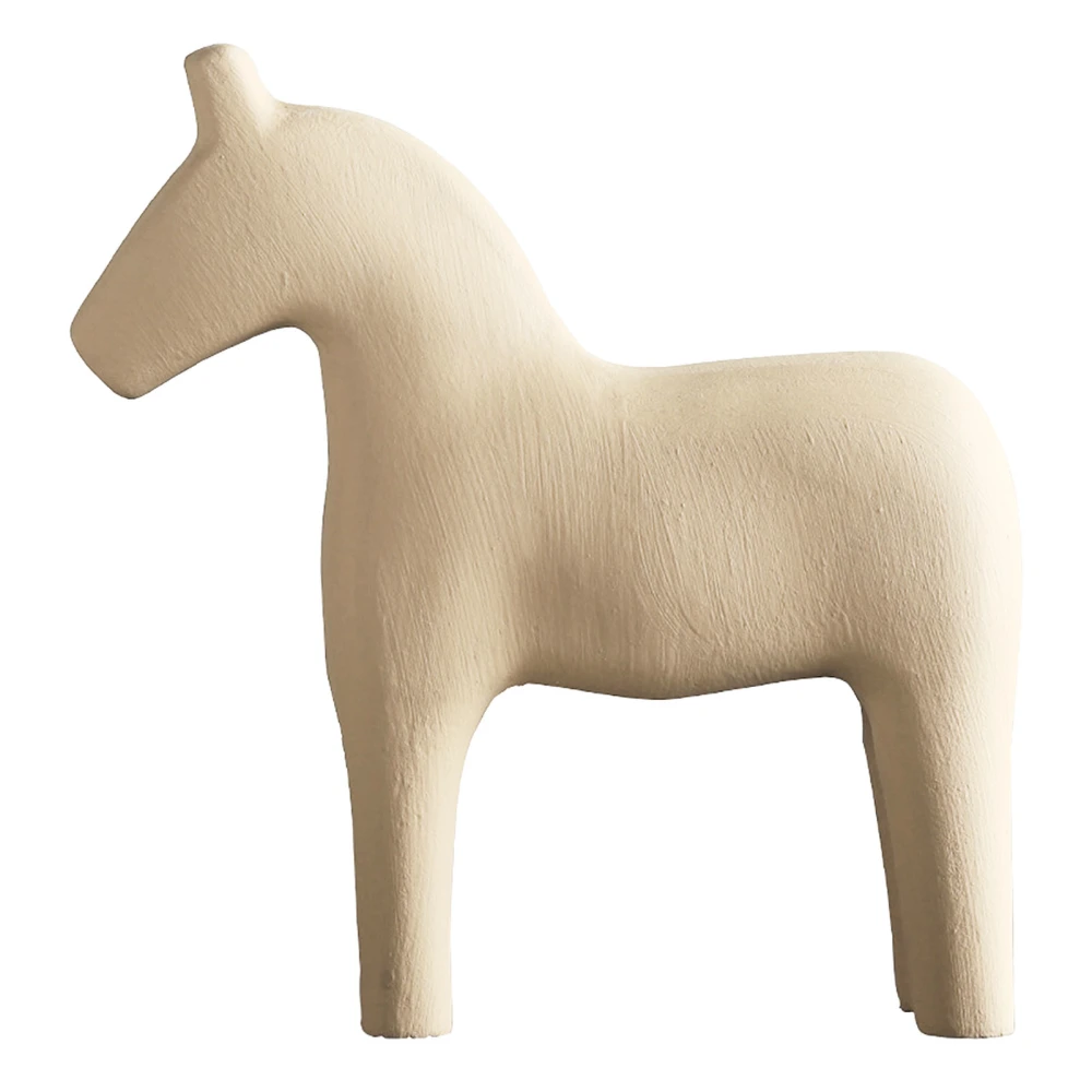 Wooden Horse Figurine Sturdy Pinewood Hand Painted Simple Pure Color Horse Statue for Family Office Tabletop Beige S