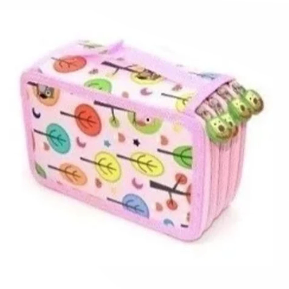 Large Pencil Case Cartoon Pink 4 Tiers 72 Holes Impact Resistant Oxford Fabric Pencil Bag for School Office Travel