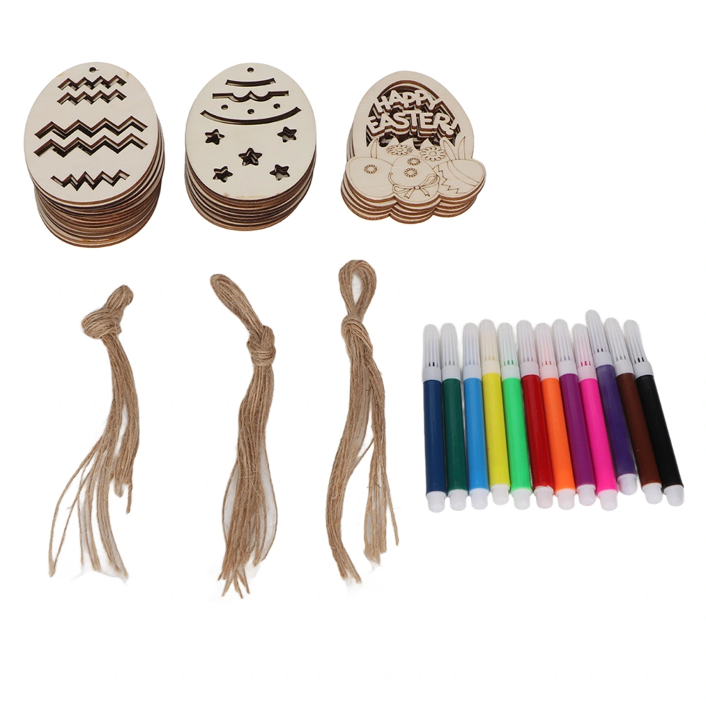 30Pcs Wooden Easter Pendant Assorted Eggs Style Durable Light Weight Wooden Cutouts with Pens Ropes for DIY Decoration