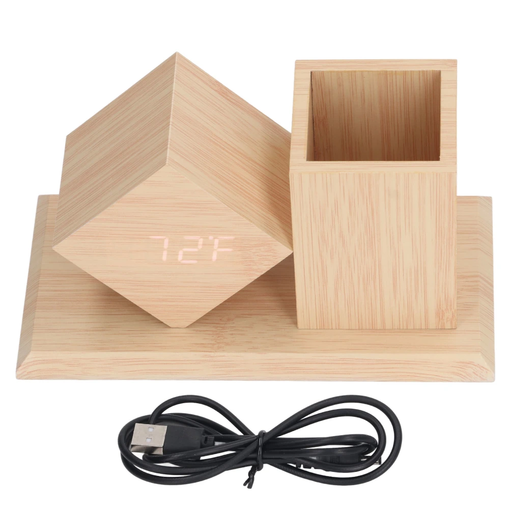 Pen Holder Clock Voice Control HD LED Display USB Battery Powered Wooden Digital Alarm Clock with Thermometer