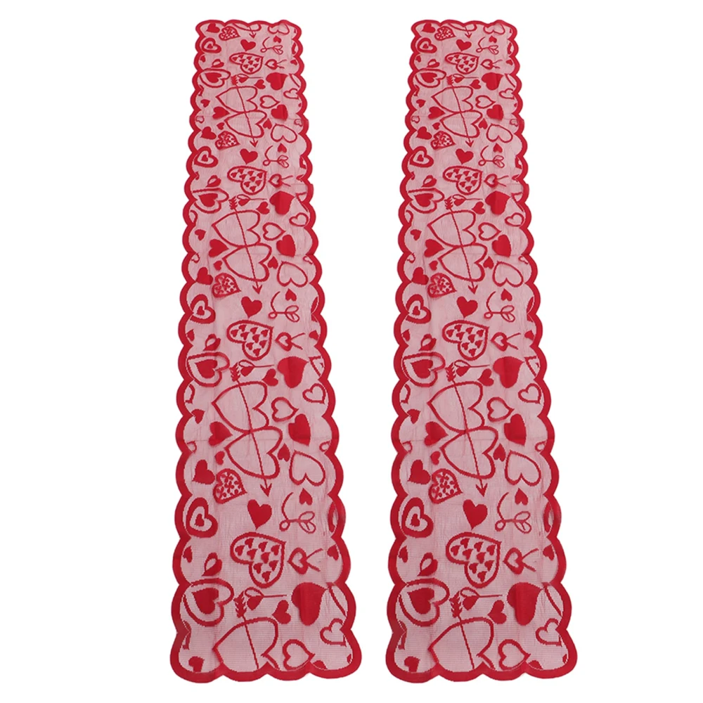 2 Pcs Wedding Table Runner Love Heart Print Lace Red Table Runner Decoration for Valentine's Day Anniversary Party 71.7x13in