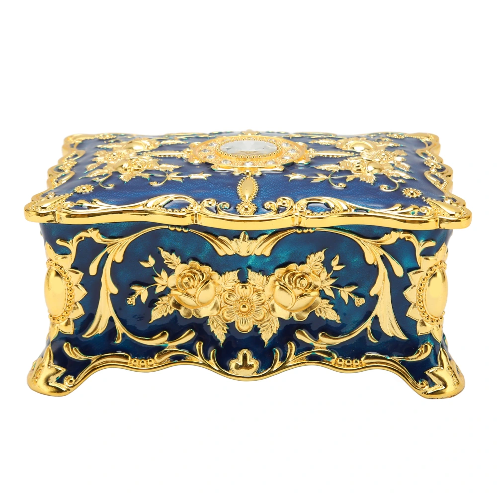 Vintage Jewelry Box European Style Metal Enamel Jewelry Box Double Layer Rectangular Trinket Storage Box Gold Blue