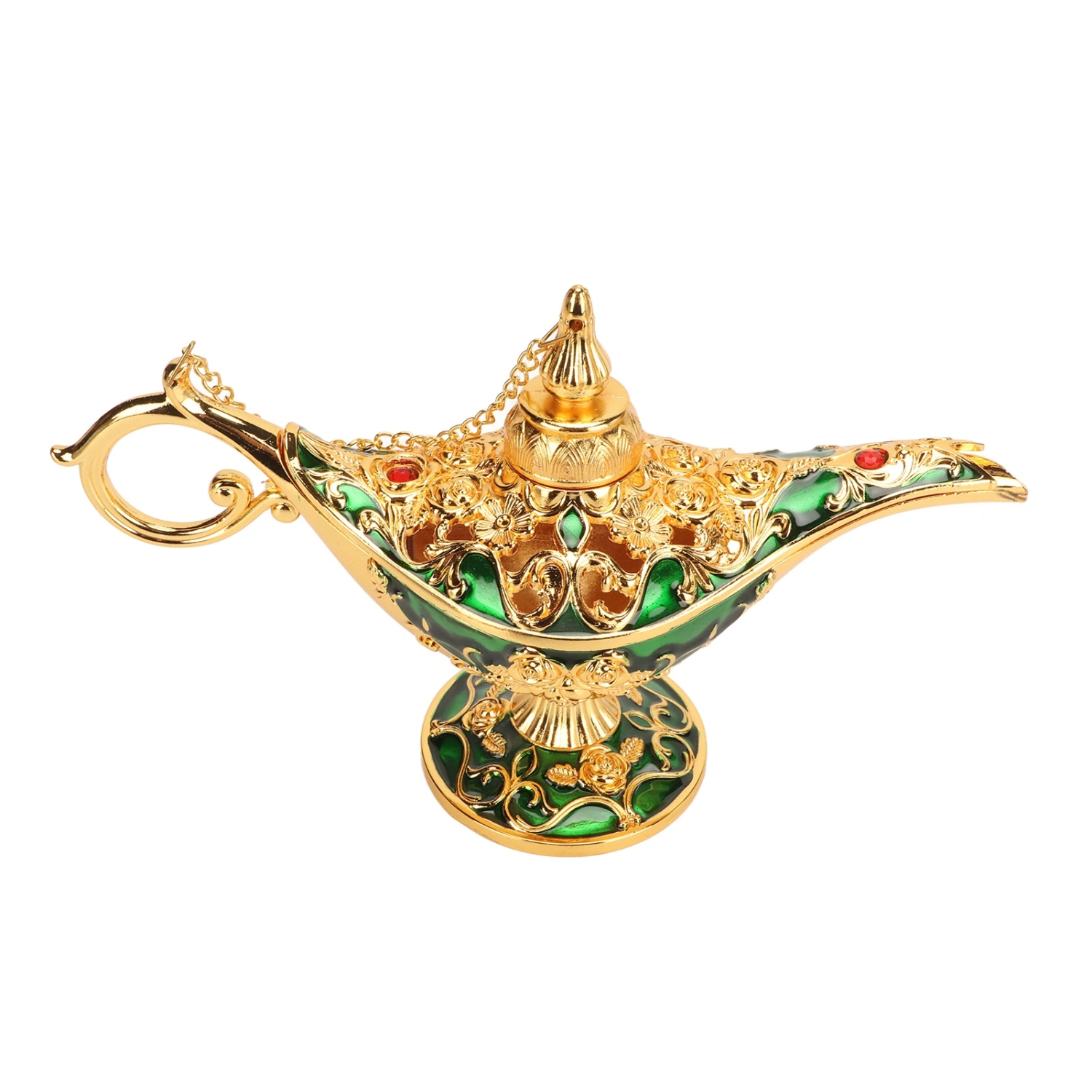 Magic Genie Lamp Exquisite Colorfast Eye Catching Alloy Embossed Pattern Genie Lamp for Bedroom Office Gold+Green 8.7in