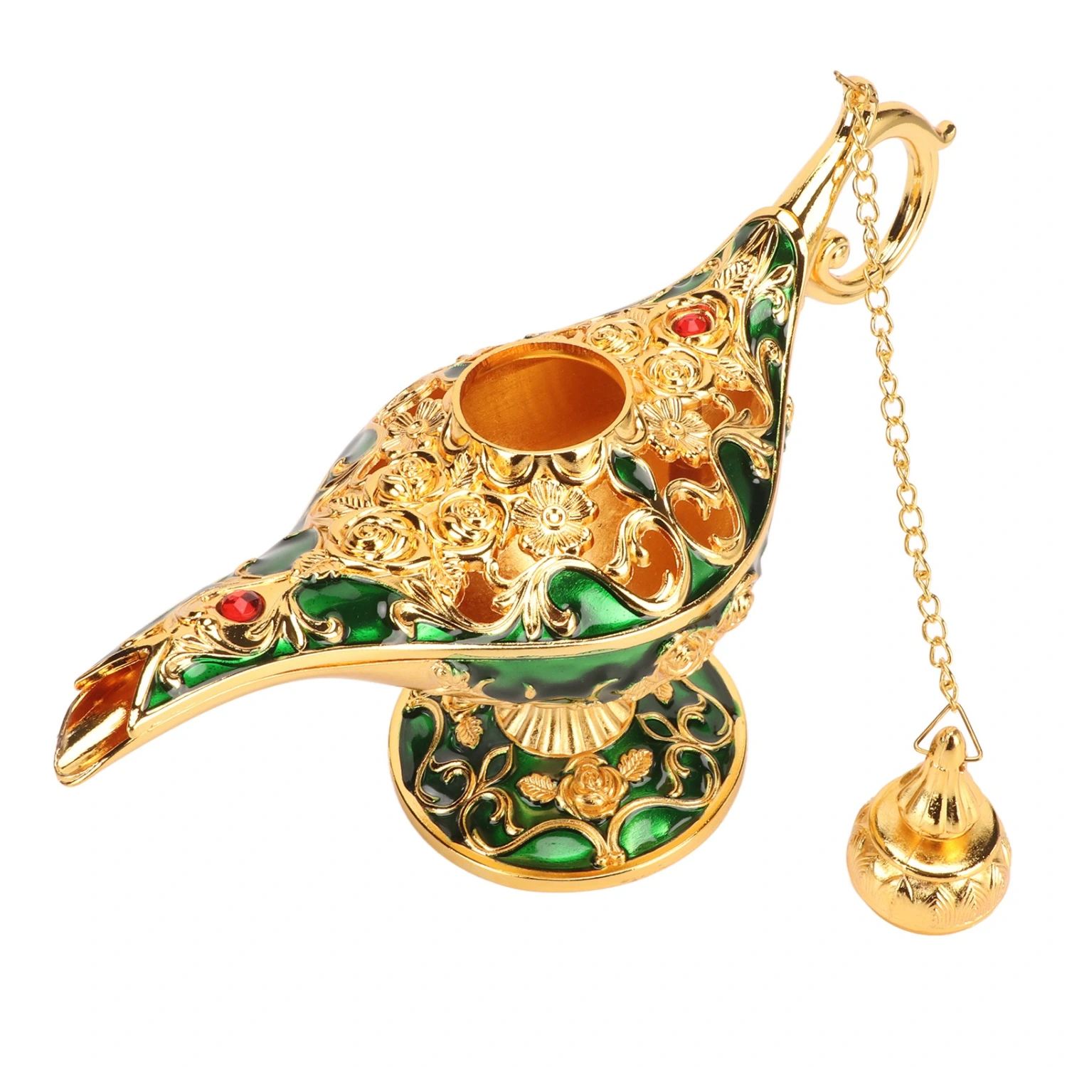 Magic Genie Lamp Exquisite Colorfast Eye Catching Alloy Embossed Pattern Genie Lamp for Bedroom Office Gold+Green 8.7in
