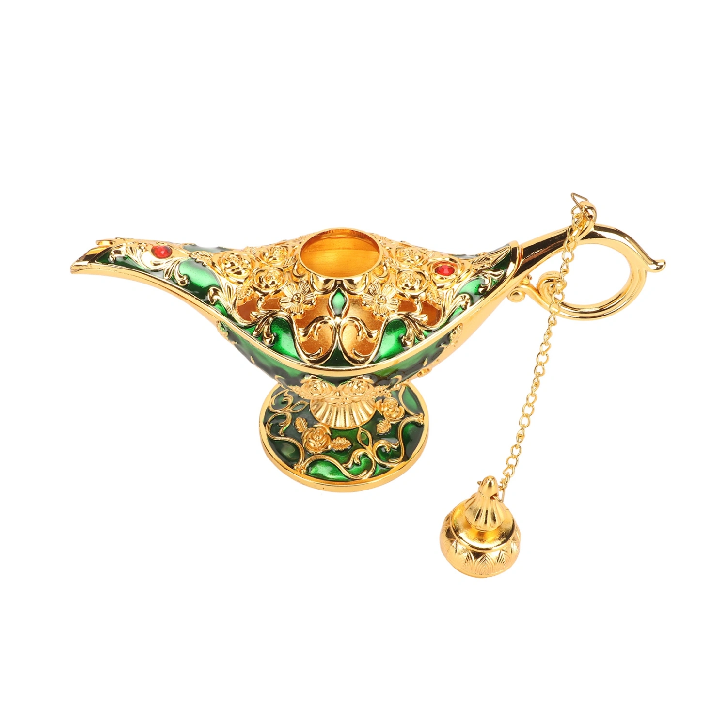 Magic Genie Lamp Exquisite Colorfast Eye Catching Alloy Embossed Pattern Genie Lamp for Bedroom Office Gold+Green 8.7in