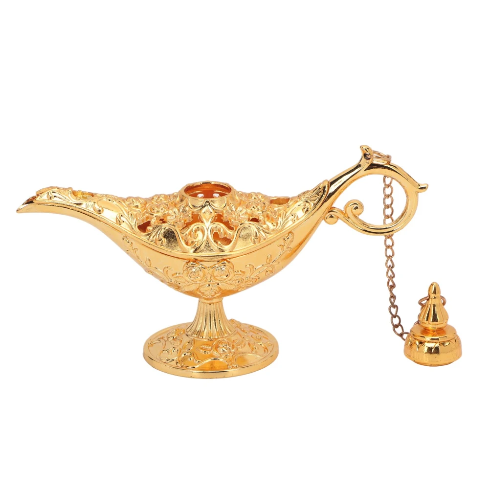 Gold Magic Genie Lamp Embossed Flowers Hollow Zinc Alloy Vintage Genie Lamp for Bedroom Office 12cm