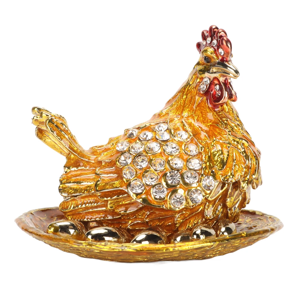 Golden Hen Figurine Trinket Boxes Handcraft Exquisite Small Jewelry Box with Rhinestones for Desktop Decoration