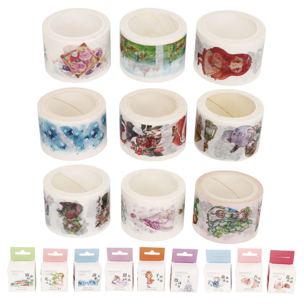 9 Rolls Japanese Paper Tape Set Hand Drawn Wide Tape Craft Decorative Tape for DIY Handbook Album Diary