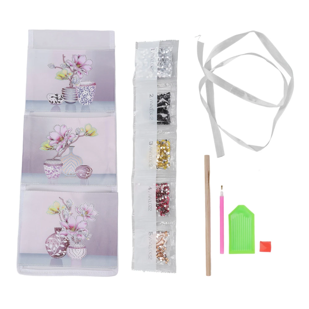 Rhinestone Painting Hanging Storage Bag DIY Fun 3 Pockets Vase Pattern 5D Rhinestone Painting Bags for Gifts