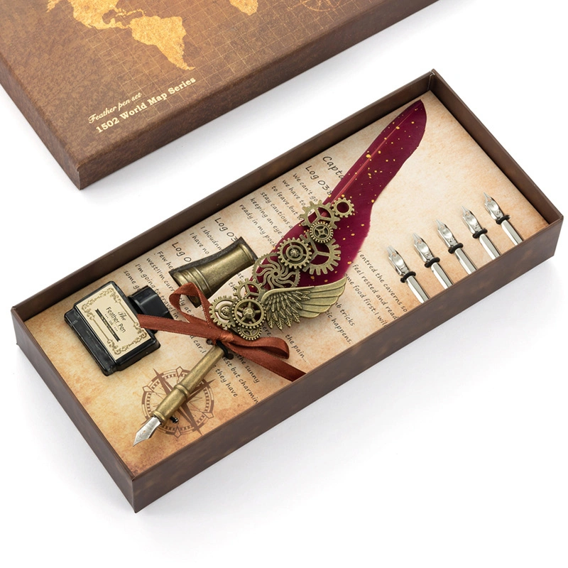 Quill Pen Sealing Wax Stamp Set Retro European Style Stainless Steel Nib Quill Pen and Ink Set Wine Red
