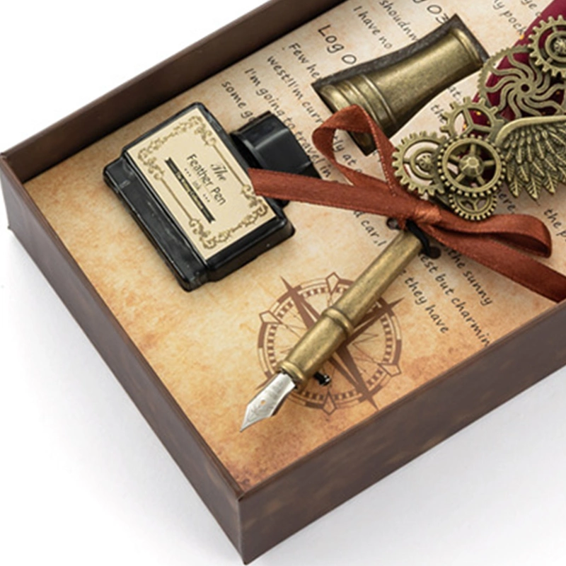 Quill Pen Sealing Wax Stamp Set Retro European Style Stainless Steel Nib Quill Pen and Ink Set Wine Red