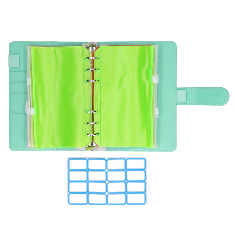 Cash Binder PU Leather A6 6 Pre Punched Holes Portable Size Waterproof Budget Binder with Colorful Zipper Bag Label Paper Green